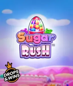 Изображение игрового автомата Sugar Rush от Pragmatic Play, демонстрирующее волшебный мир конфет и сладостей. На переднем плане видны иконки в виде различных сладостей, окруженные сладкой атмосферой. В верхней части расположен логотип игры Sugar Rush, подчеркивающий тематику слота.